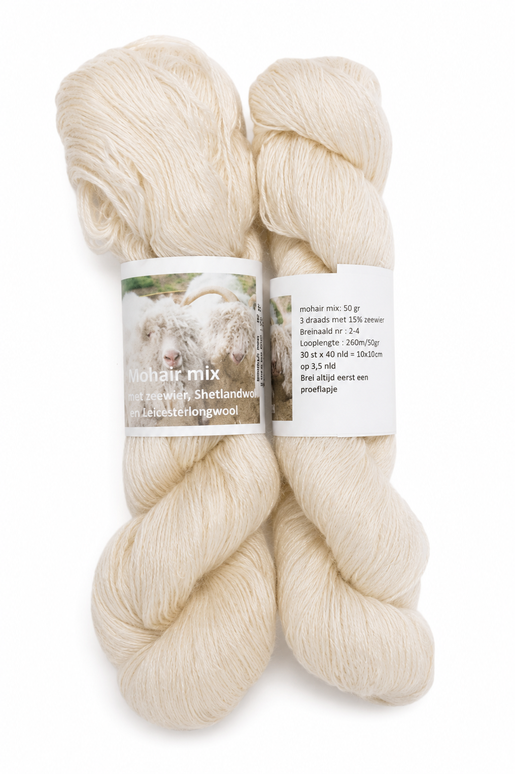 Streng naturel crème mohair mix garen met origineel etiket, zeewier, Shetlandwol en Leicesterlongwool