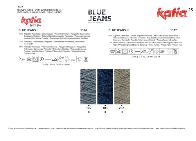 Gerecycled denim garen van Katia, overzicht kleuren Blue Jeans collectie