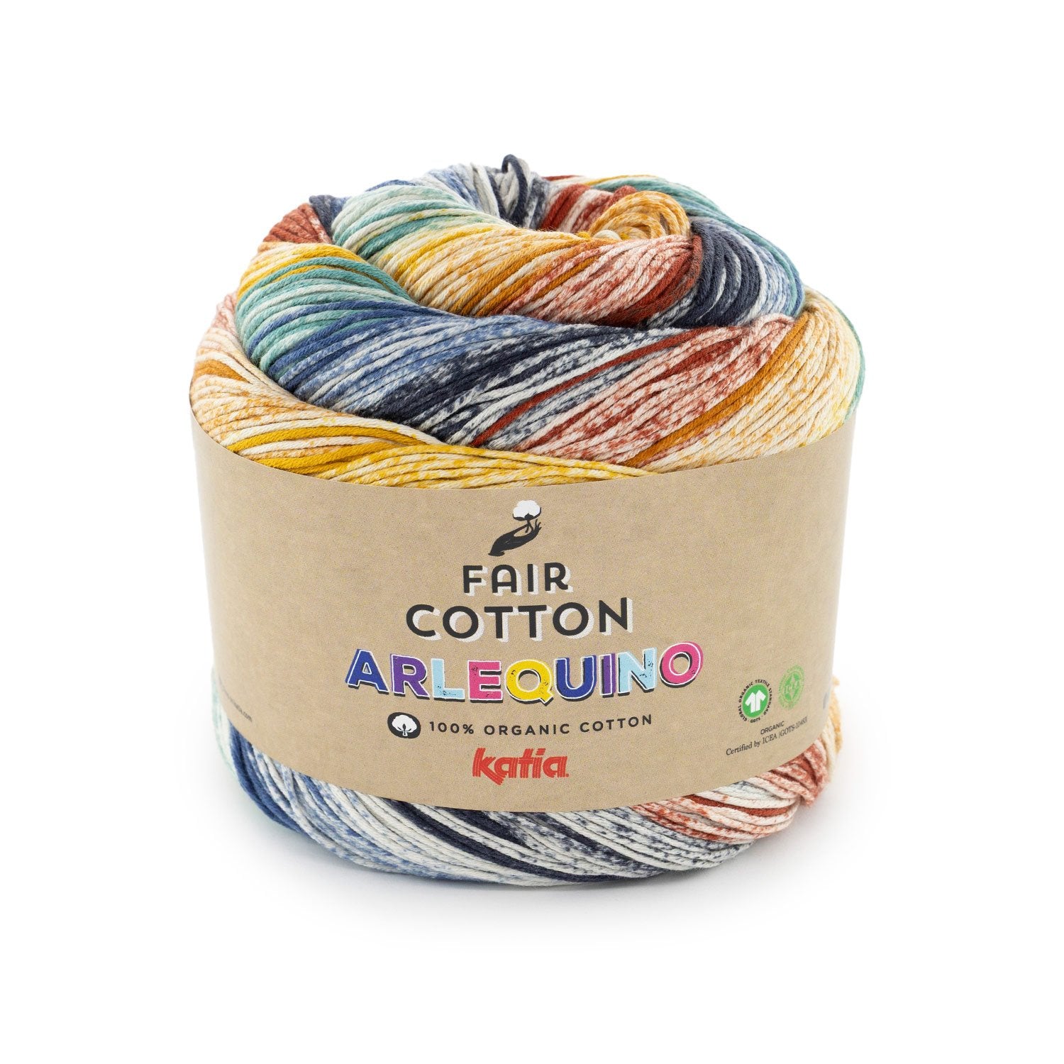 Biologisch katoengaren Fair Cotton Arlequino in blauw rood oker, multicoloreffect