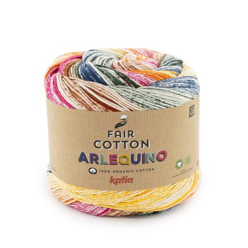 Biologisch katoengaren Fair Cotton Arlequino in geel fles groen donker blauw fuchsia, multicoloreffect