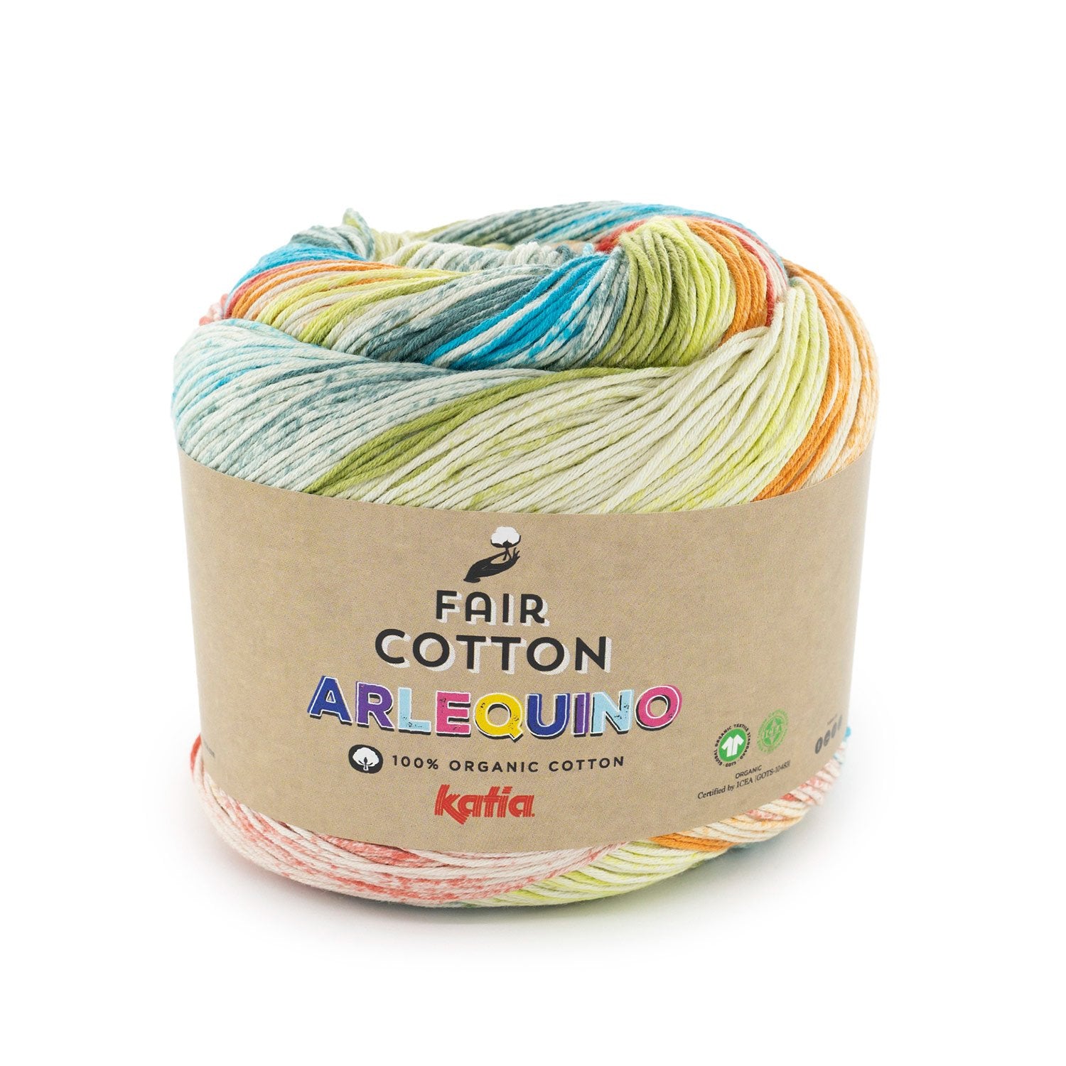 Biologisch katoengaren Fair Cotton Arlequino in koraal turquoise blauw cyaan limoengroen, multicoloreffect
