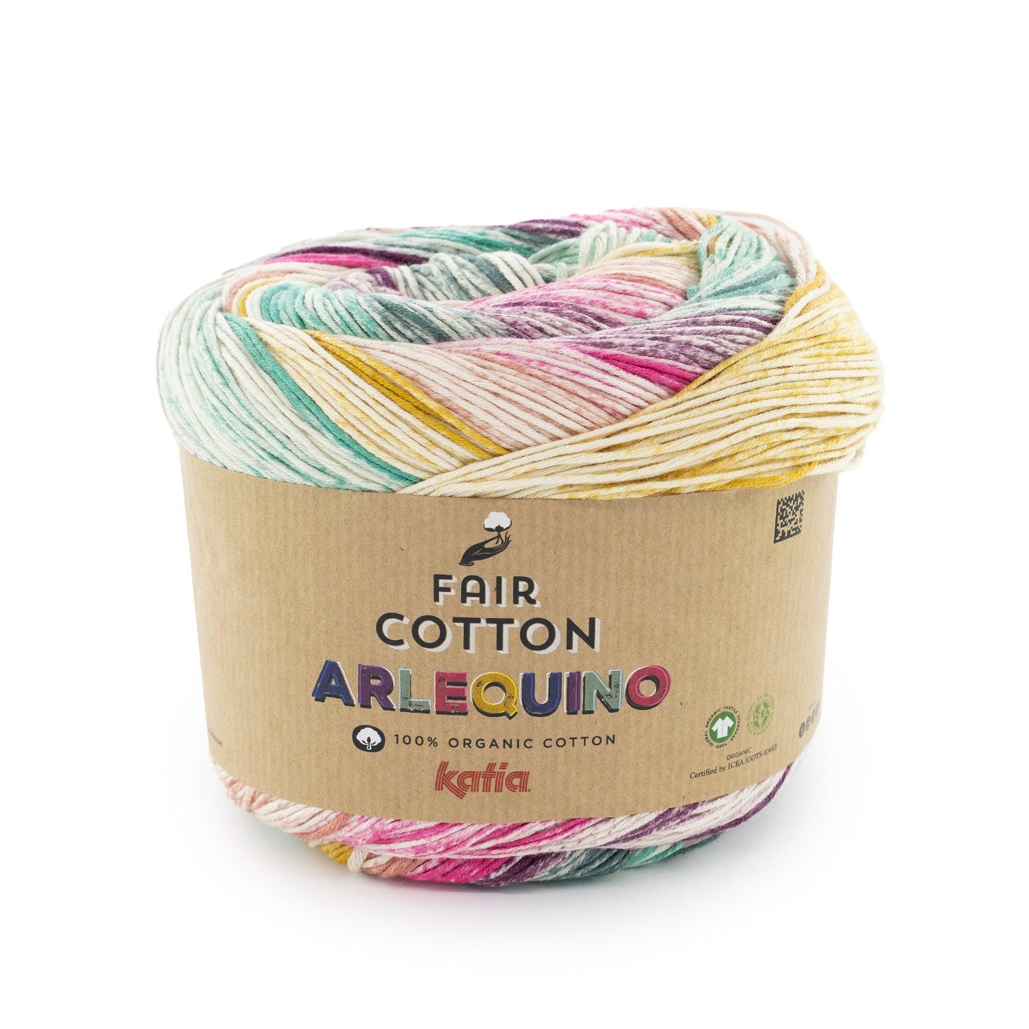 Biologisch katoengaren Fair Cotton Arlequino in oker kauwgom roze olieverf, multicoloreffect