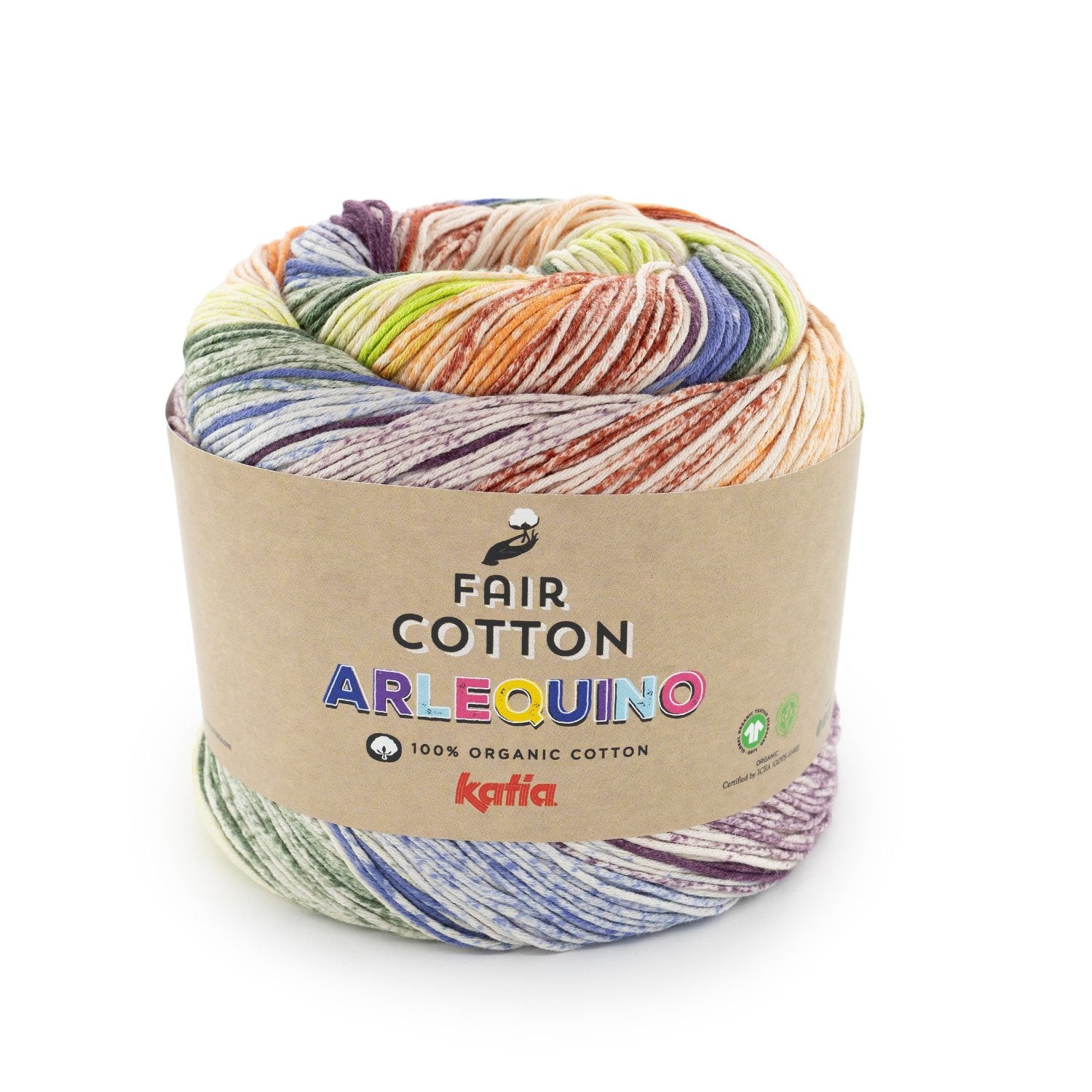 Biologisch katoengaren Fair Cotton Arlequino in paars oranje groen, multicoloreffect