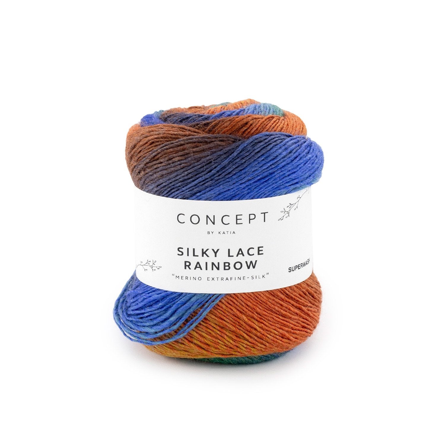Gevlekt merino- en zijdegaren Silky Lace Rainbow in blauw roest bruin oker, voor kantpatronen