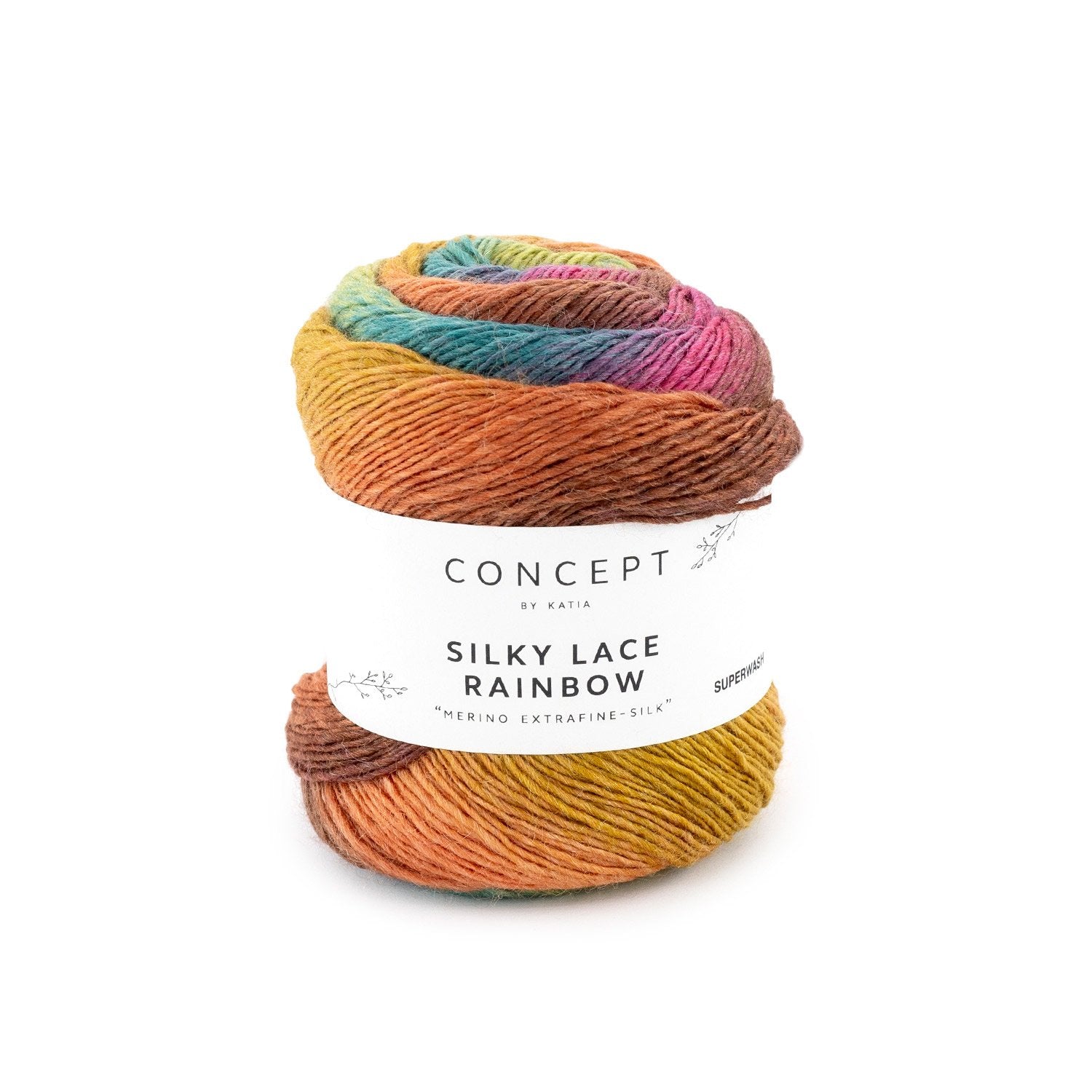 Gevlekt merino- en zijdegaren Silky Lace Rainbow in bruin groen oranje, voor kantpatronen