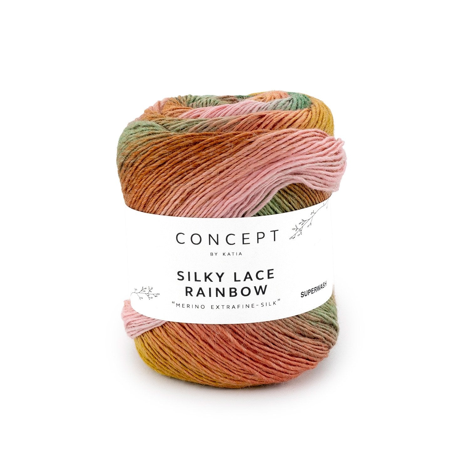 Gevlekt merino- en zijdegaren Silky Lace Rainbow in bruin kaki kauwgom roze, voor kantpatronen