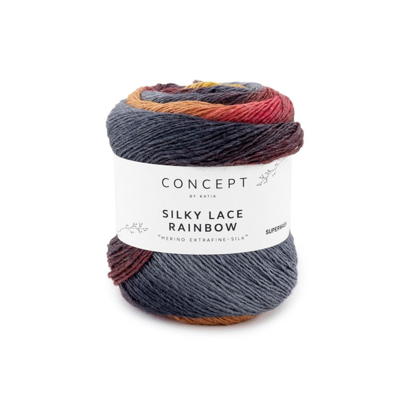 Gevlekt merino- en zijdegaren Silky Lace Rainbow in grijs rood bruin, voor kantpatronen