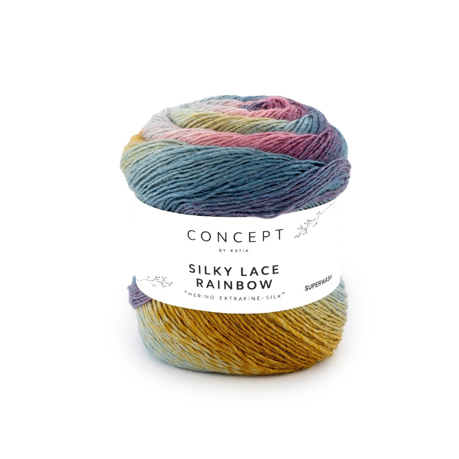 Gevlekt merino- en zijdegaren Silky Lace Rainbow in kauwgom roze water blauw oker, voor kantpatronen