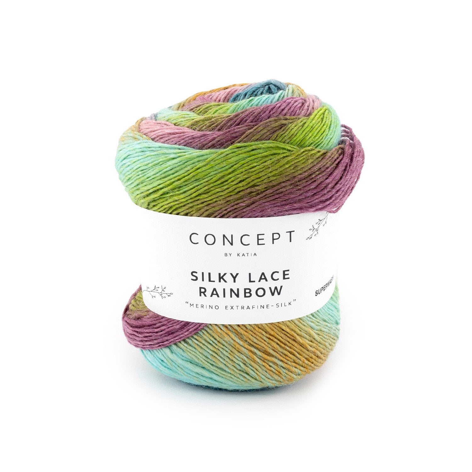 Gevlekt merino- en zijdegaren Silky Lace Rainbow in water blauw pistache kauwgom roze, voor kantpatronen